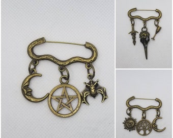 Goth brooch pin, Pagan jewelry, three charm pin, Spooky jewelry, Goddess pin, Raven skull pin, cosplay jewelry, Goth jewelry, bronze pin