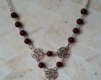 Pagan circlet, pagan necklace, pagan jewelry, wear as headpiece or necklace, ritual circlet, pentagram charms, red satin glass, stainless