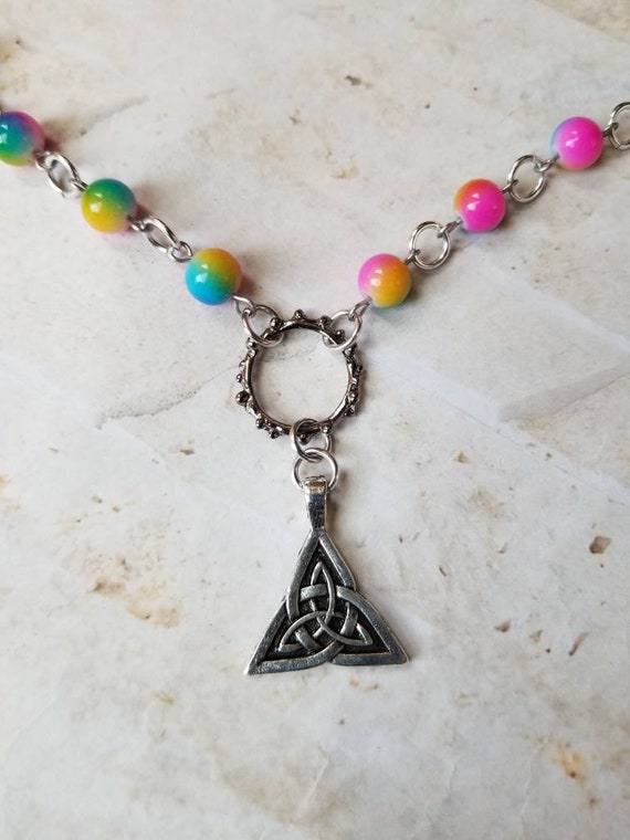 O ring day collar, tie dye beads, discreet day collar, symbolic jewelry, BDSM collar, submissive collar, stainless, gunmetal ring, Triquetra