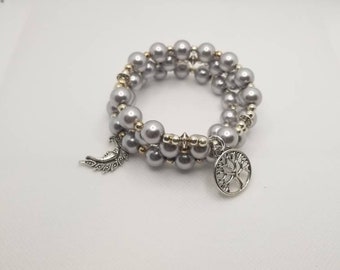 Witches ladder bracelet, memory wire bracelet, beaded bracelet, wrap bracelet, multi-loop bracelet, Pagan jewelry, gray and silver