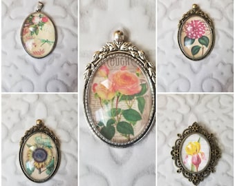 Flower pendant, photo behind glass, floral pendants, glass cabochons, assorted photo jewelry, vintage look photo jewelry, old photos