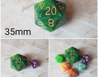Light and dark green 35mm Jumbo d20, light  and dark green pearl with gold numbers, giant dnd dice, 35mm d20 dice, huge dice,  jumbo d20