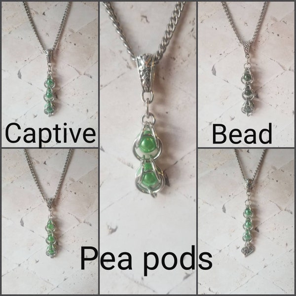 Captive pearl pea pod pendant, pea pod jewelry captured bead necklace, chain maille necklace, green pea pod necklace, unique gift idea