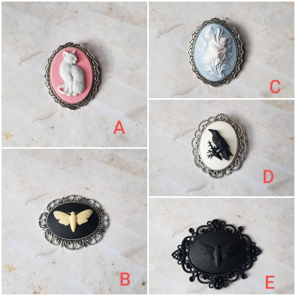 Cameo brooch, brooch pins, cameo pin, Death Head moth cameo, Gothic cameo, Cat cameo brooch, raven cameo brooch, floral cameo