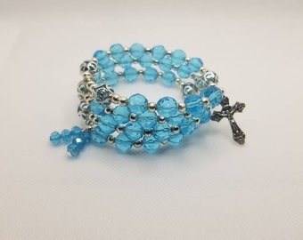 Lutheran rosary bracelet, Lutheran prayer bracelet, memory wire bracelet, wrap bracelet, blue glass beads, silver bead caps, silver crucifix