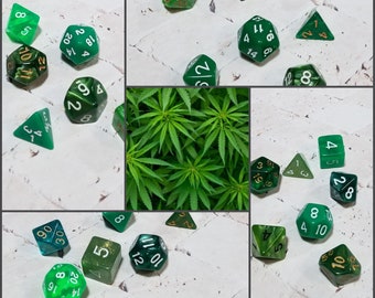 Pot-inspired green 16mm dnd dice sets, Kush dnd dice sets, themed hand picked dnd dice, curated set, polyhedral dice, RPG dice, D and D dice