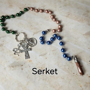 Serket prayer beads, Kemetic Goddess prayer beads, hand-wired, beautiful beads, silver-toned charms, Goddess, Egyptian, pagan,
