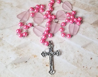 Lutheran prayer beads, Lutheran rosary, stainless steel, hand-wired, pink glass pearls, recycled sea glass, pink sea glass, budded crucifix