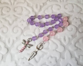 Baha'i prayer beads, 19 and 5 prayer beads, hand-wired, stainless, purple sea glass, pink Malay Jade, Goddess charm, handmade bead dragonfly
