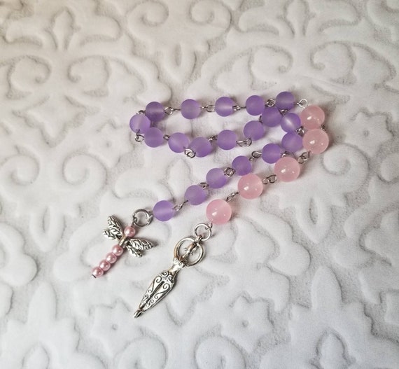 Baha'i prayer beads, 19 and 5 prayer beads, hand-wired, stainless, purple sea glass, pink Malay Jade, Goddess charm, handmade bead dragonfly