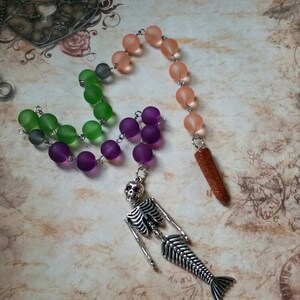 Samhain prayer beads, pagan prayer beads, Samhain witches prayer beads, stainless steel, sea glass, Goldstone pendulum, mermaid skeleton