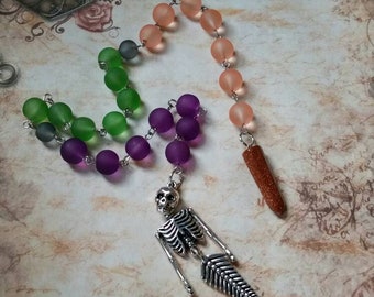 Samhain prayer beads, pagan prayer beads, Samhain witches prayer beads, stainless steel, sea glass, Goldstone pendulum, mermaid skeleton