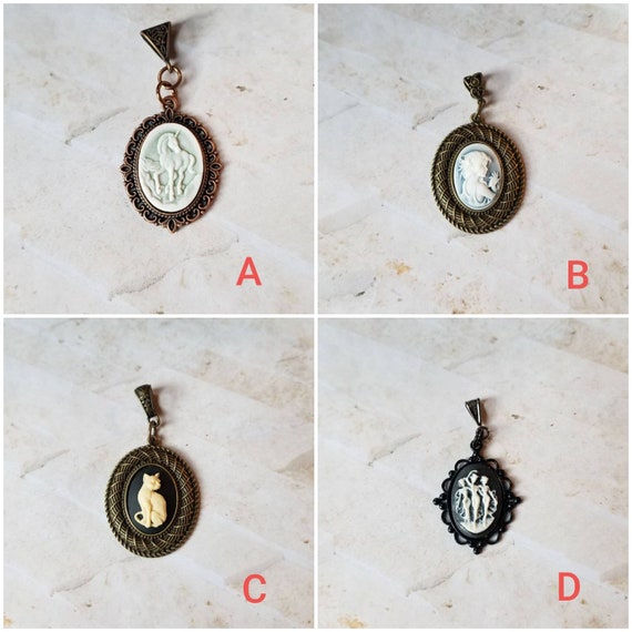 Cameo pendant, cameo necklace, Three Graces cameo pendant, unicorn cameo pendant, girl with pearls cameo pendant, cat cameo pendant