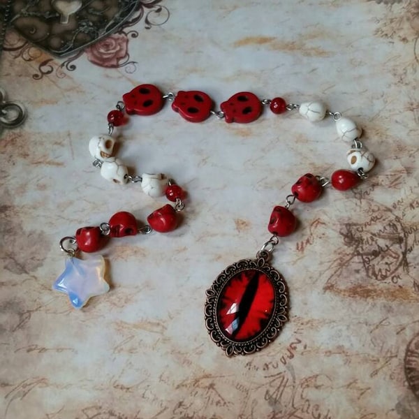 Day of the Dead prayer beads, Dia de Los Muertos prayer beads, pagan prayer beads, stainless steel, red and ivory skulls, Opalite, red eye