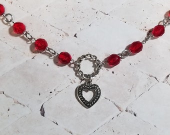 Heart day collar, red Czech  glass beads, discreet day collar, symbolic jewelry, BDSM collar, submissive collar, silver o ring, heart charm