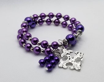 Anglican prayer bead bracelet, memory wire bracelet, beaded bracelet, wrap bracelet, grape purple glass pearls, Protestant prayer beads