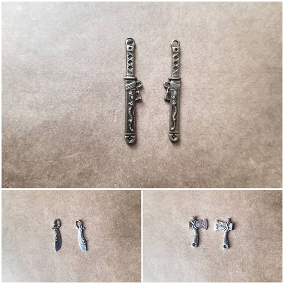 Destash charms, silver or bronze toned, metal charms destash, Samurai sword charms, axe charms, hatchet charms, sword charms, weapon charms