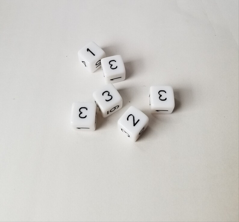 May include: Six white dice with black numbers. The dice show the numbers 1, 2, 3, and 3.