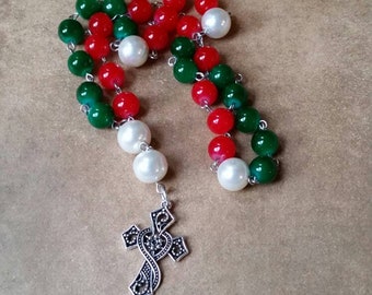 Anglican prayer beads, Methodist rosary, Protestant prayer beads, Episcopal rosary, stainless steel, Christmas colors, Malay Jade beads