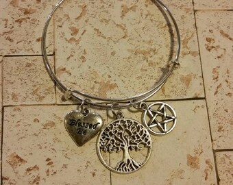Wiccan bangle, pagan bracelet, nature religion charm bangle, silver metal bangle, expandable bangle, Blessed Be bracelet, tree of life charm