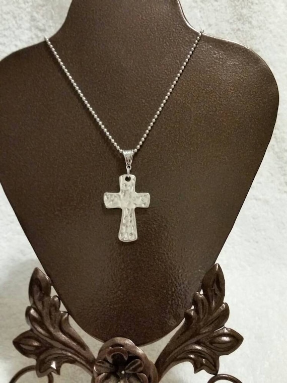 Cross necklace, beautiful hammered-style silver-toned metal cross pendant necklace with fancy jewelry bail and chain, religious