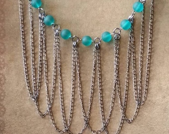 Bib chain necklace, drape necklace, chain jewelry,  multi length chain necklace, gunmetal, teal frosted glass, cultured sea glass