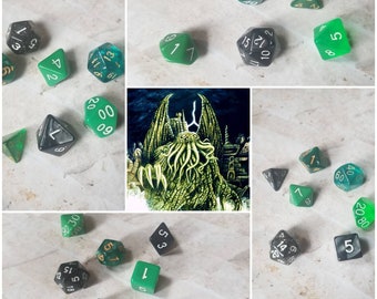 Cthulu 16mm dnd dice sets, themed hand picked dnd dice, curated set, polyhedral dice, RPG dice, D and D dice, gaming dice, set of 7 dice