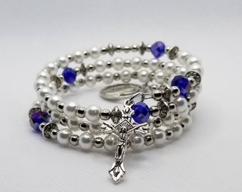 Bracelet, Catholic five decade rosary, silver tone, off-white glass pearls,blue glass beads, religious medal, crucifix, memory wire