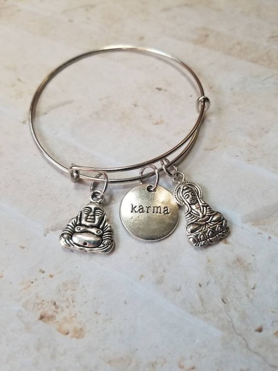 Buddha bangle, Kwan Yin bracelet, silver metal bangle, expandable bangle, charm bracelet, charm bangle, Karma bracelet, bangle bracelet