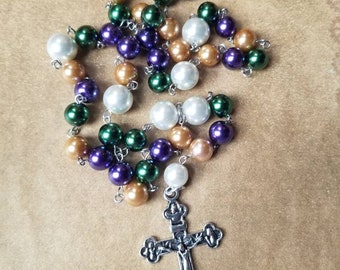 Lutheran Mardi Gras Lutheran prayer beads, Lutheran, stainless steel, hand-wired, glass pearls, budded crucifix,  Lutheran prayer beads,