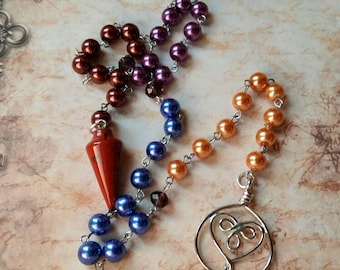 Mabon prayer beads, pagan prayer beads, Mabon witches prayer beads, stainless steel, glass pearls, Red Jasper pendulum, Celtic heart charm