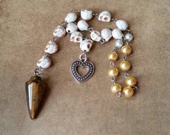 Day of the Dead prayer beads, Dia de Los Muertos prayer beads, pagan prayer beads, stainless, yellow and ivory, Tiger's Eye, Samhain, heart
