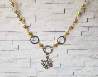 Cimaruta necklace, Cimaruta jewelry, Italian witches amulet, stainless steel pins, golden glass pearls, textured o rings, Stregheria amulet