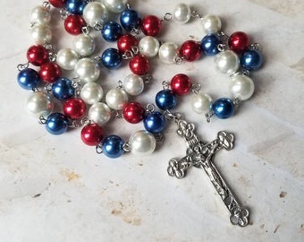 Lutheran prayer beads, Lutheran rosary, stainless steel, hand-wired, red white blue glass pearls, Italian crucifix, patriotic prayer beads