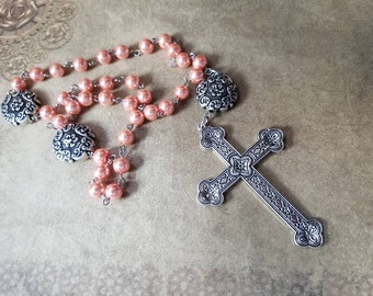 Orthodox prayer beads, Orthodox Chotki, peach glass pearls, antique silver tone beads, huge cross, silver toned, Orthodox Chotki, Komboskini