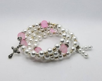 Five decade rosary bracelet, memory wire bracelet, wrap bracelet, white glass pearls, pink frosted glass beads, silver crucifix, religious