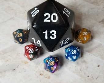 Super Mega Jumbo 55mm d20, black 55mm d20, oversized d20, extra large sized d20, dnd d20, dnd dice, rpg dice, massive d20 countdown dice