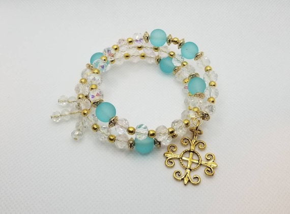 Lutheran rosary bracelet, Lutheran prayer bead bracelet, memory wire bracelet, wrap bracelet, clear crystal beads, blue glass beads, gold