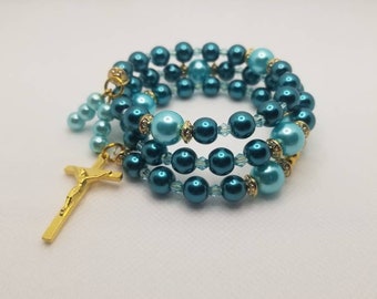 Lutheran rosary bracelet, Lutheran prayer bead bracelet, memory wire wrap bracelet, prayer aid, gold, blue  glass pearls, religious