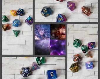 Sets of 7 Nebula 16mm dnd dice, polyhedral gaming dice, DnD dice set, RPG dice, DnD dice, D and D dice, gaming dice, curated sets