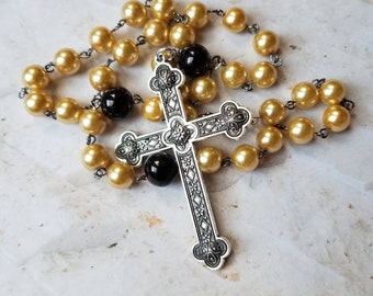 Orthodox prayer beads, Orthodox Chotki, yellow and black  glass pearls, Orthodox cross, gunmetal toned, Orthodox Chotki, Komboskini