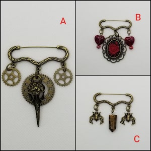 Goth brooch pin, Pagan jewelry, three charm pin, Spooky jewelry, Goddess pin, Raven skull pin, cosplay jewelry, Goth jewelry, bronze pin