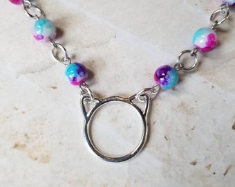 O ring day collar, tie dye beads, discreet day collar, symbolic jewelry, BDSM collar, submissive collar, stainless, cat ear O ring