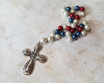 Anglican prayer beads, Methodist rosary, Protestant prayer beads, Episcopal rosary,  red white and blue glass pearls, stainless steel,