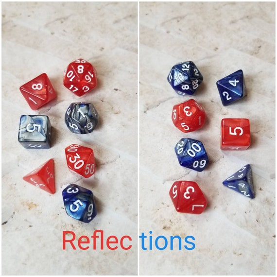 Reflections dnd dice, blue and red curated dice set, polyhedral dice, DnD dice set, gaming dice, set of 7 dice, hand picked sets, 16mm dice