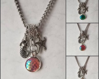 Mermaid necklace, beach necklace, silver-toned necklace, mermaid scale, textured, iridescent, cabochon, mermaid charm, starfish charm, beach
