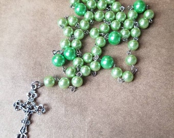 Lutheran rosary, prayer beads, hand-wired, silver-toned, green apple and lime green glass pearls, filigree design crucifix, religious, OOAK