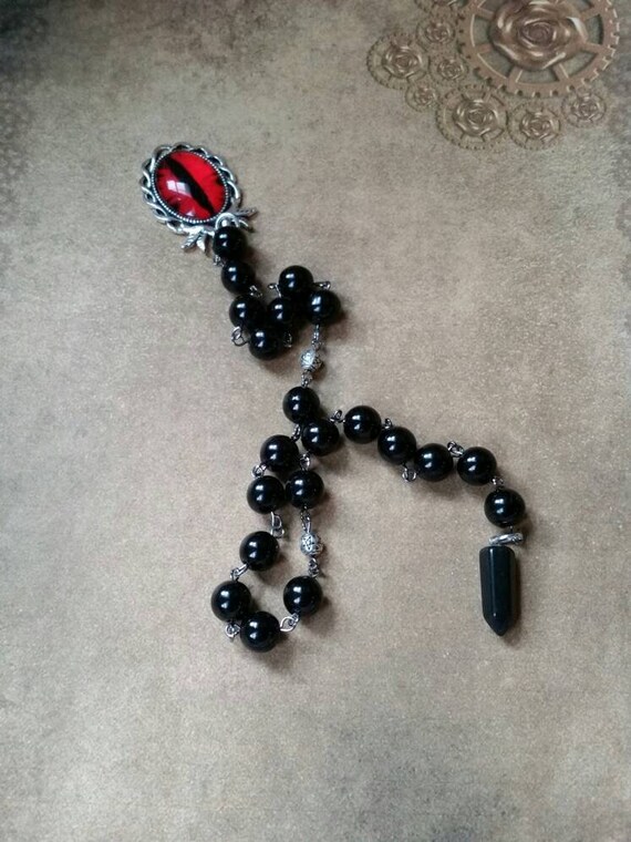 Samhain prayer beads, pagan prayer beads, witches prayer beads, gunmetal, black glass, Black Onyx pendulum, red dragon eye pendant