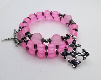 Anglican prayer bead bracelet, memory wire bracelet, beaded bracelet, wrap bracelet, pink frosted sea glass, Protestant prayer beads