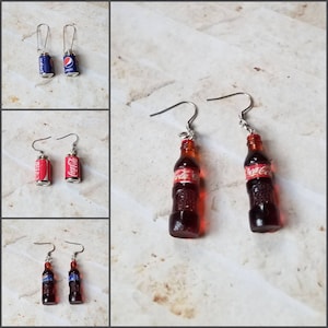 Whimsical earrings, kitschy earrings, soft drink  earrings, pop earrings, soda earrings, stainless steel wires, beverage earrings,